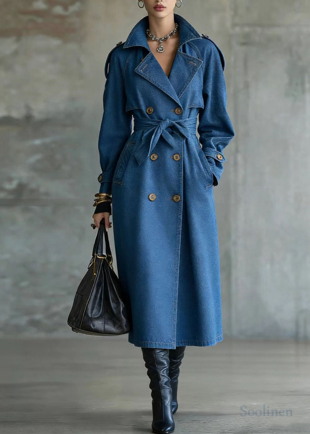 French Blue Oversized Denim Trench Coat
