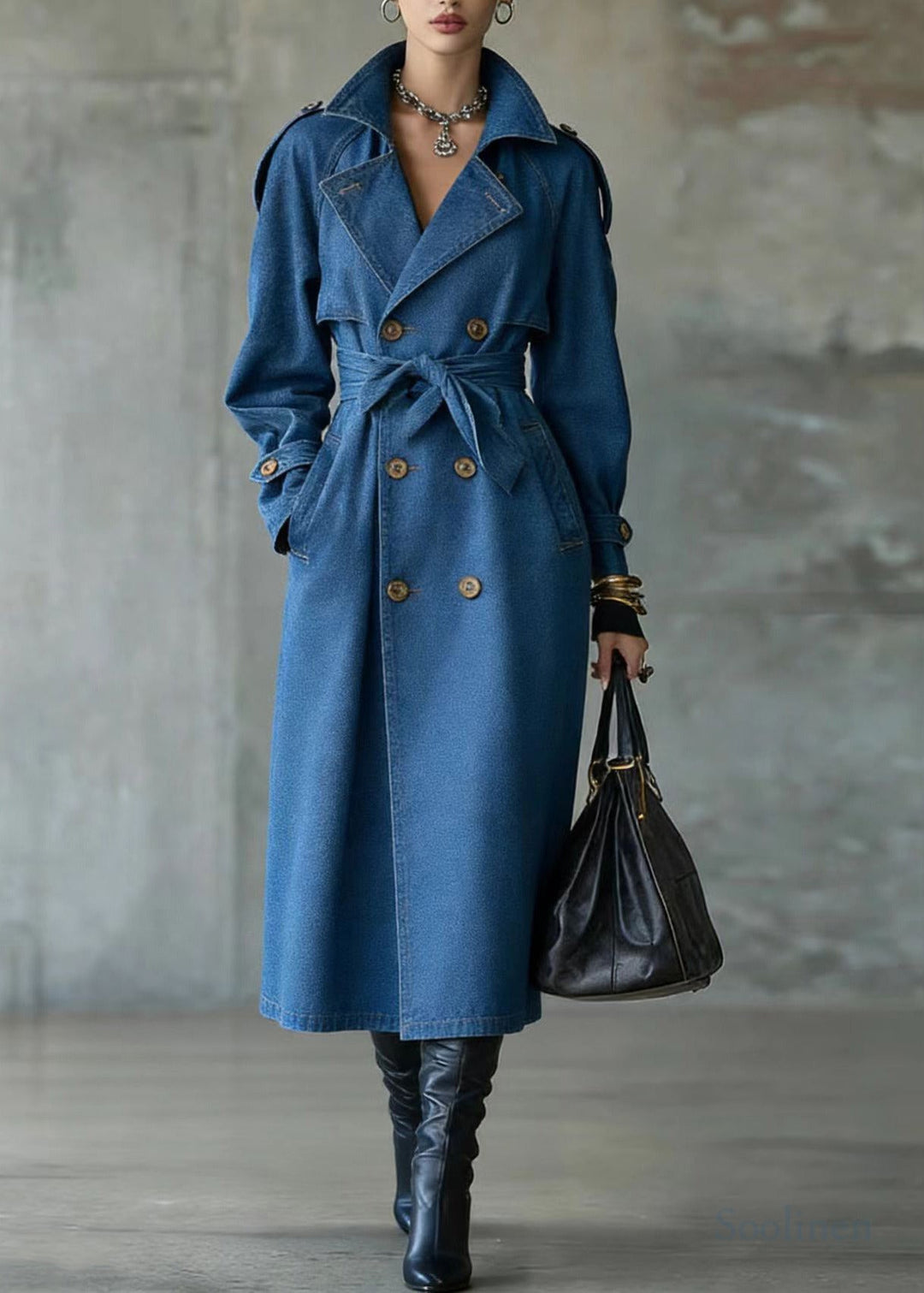French Blue Oversized Denim Trench Coat