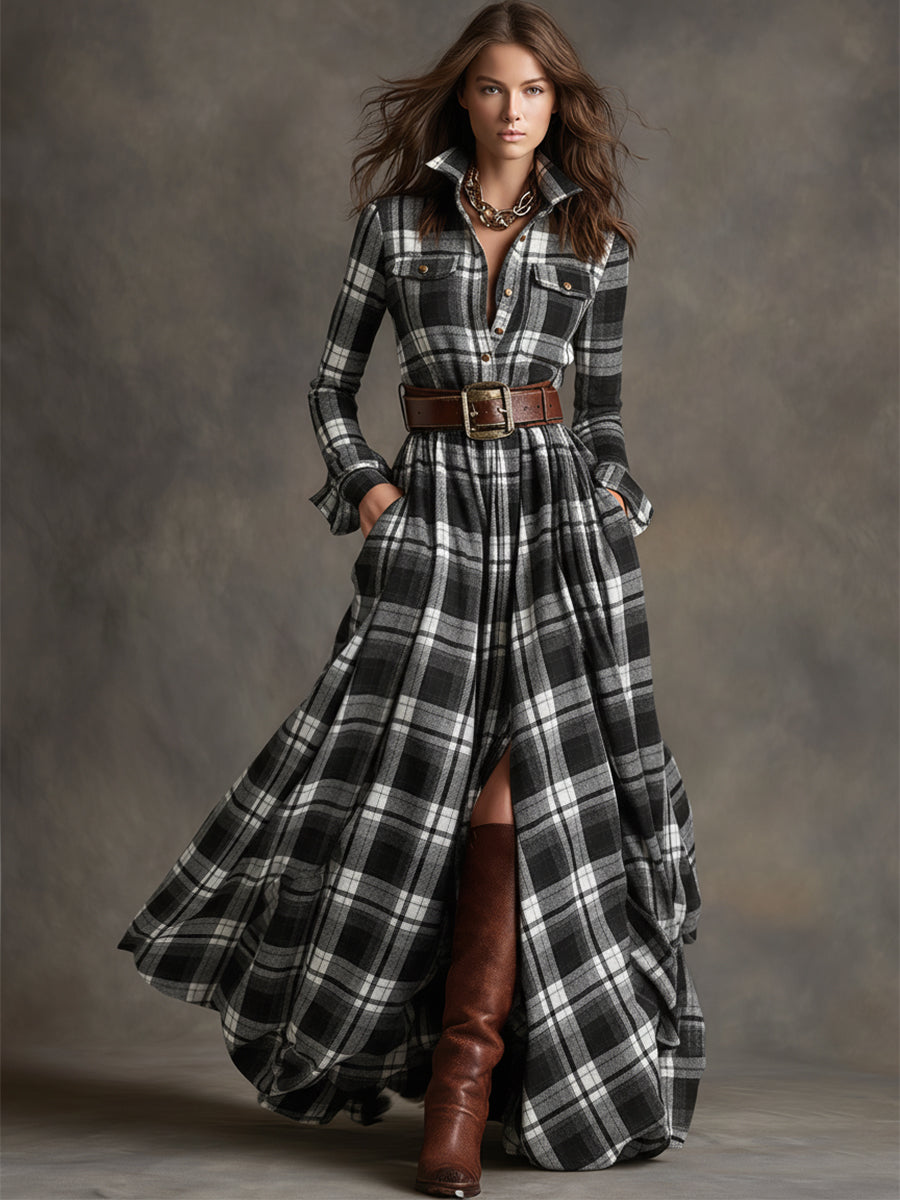 SIENNA – ELEGANT PLAID MAXI SHIRT DRESS