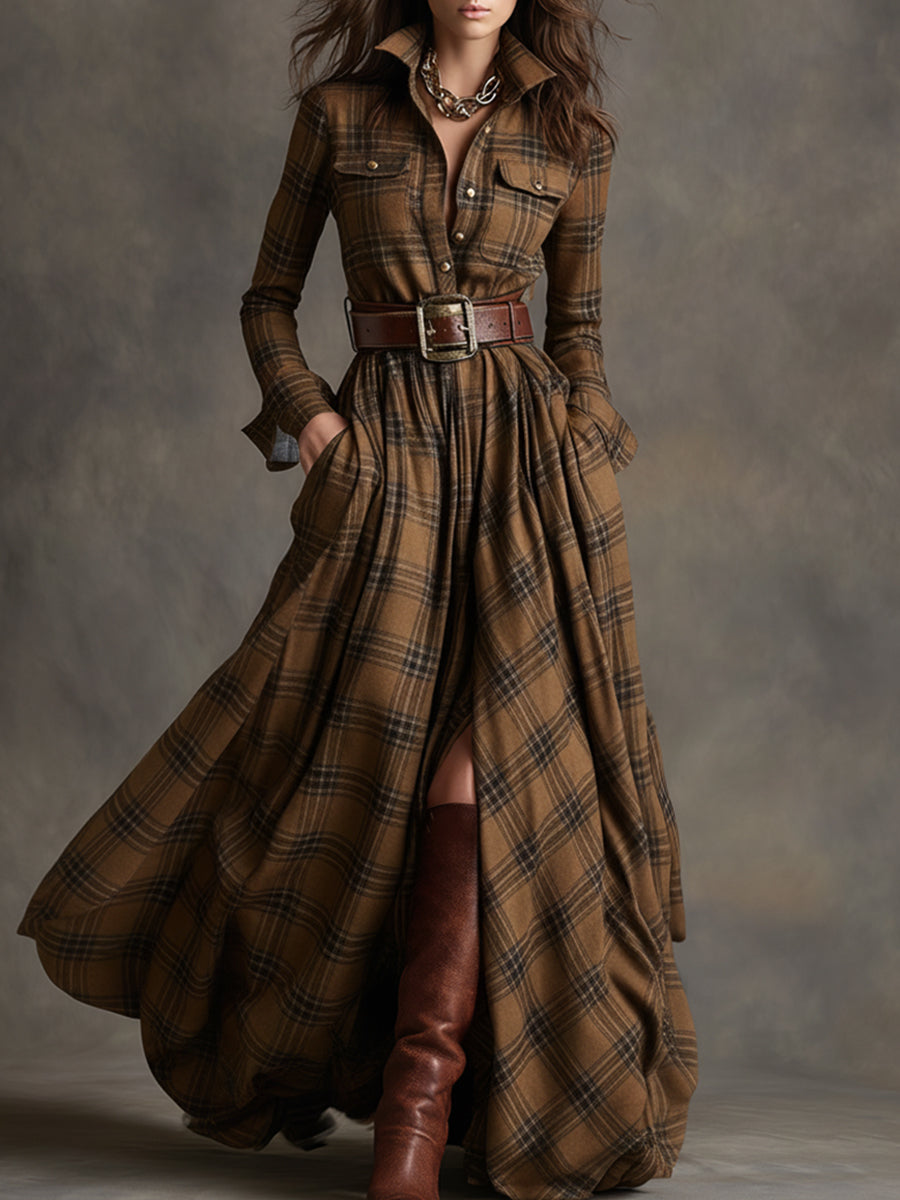 SIENNA – ELEGANT PLAID MAXI SHIRT DRESS