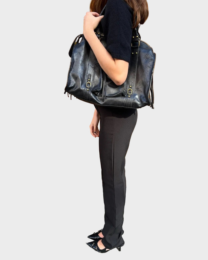 Large Black Shoulder Bag with Gold-Tone Zip Closure