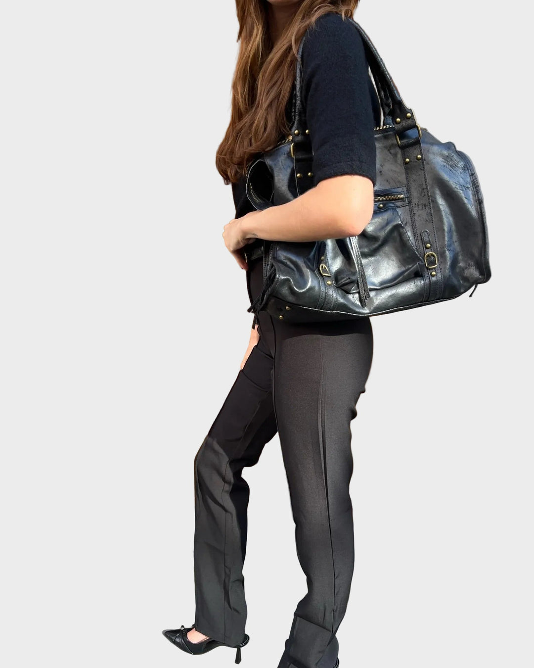 Roomy Black Shoulder Bag with Zip Top and Gold Hardware