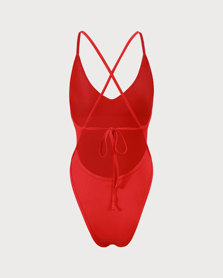 Clara & Sophia | Ribbed Cross Back One Piece Swimwear for Women in Red