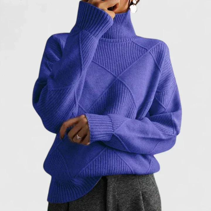 Comfortable Diamond Quilted Sweatshirt for Women with Turtleneck Long Sleeve Relaxed Oversized Knit Style