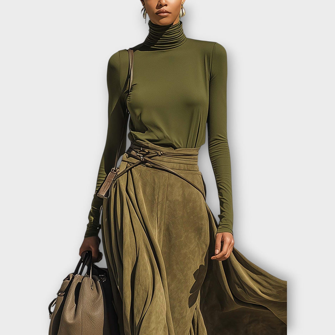 Olive Luxe High-Neck Wrap Skirt Set