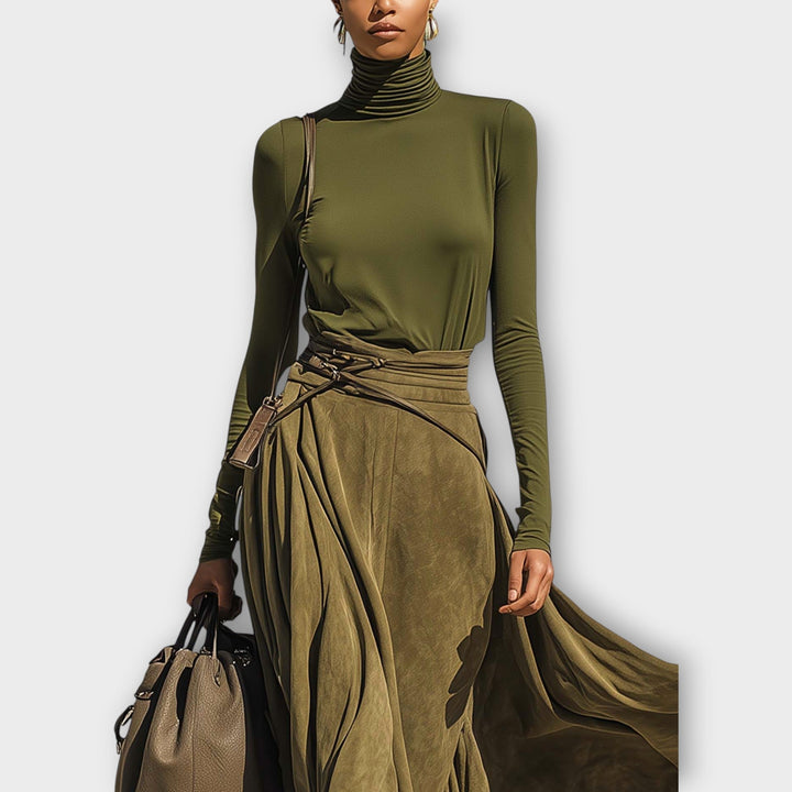 Olive Luxe High-Neck Wrap Skirt Set