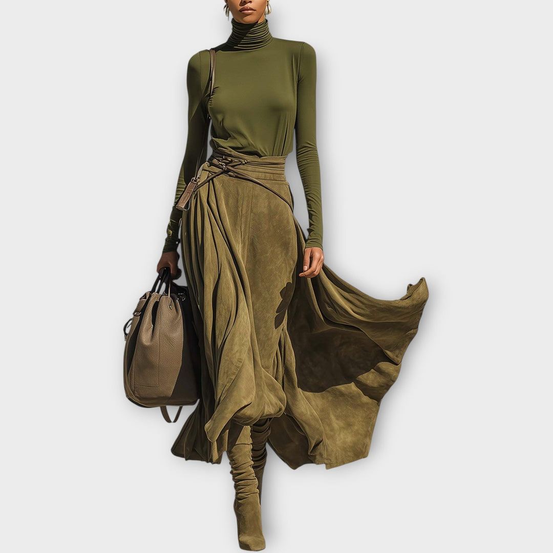 Olive Luxe High-Neck Wrap Skirt Set