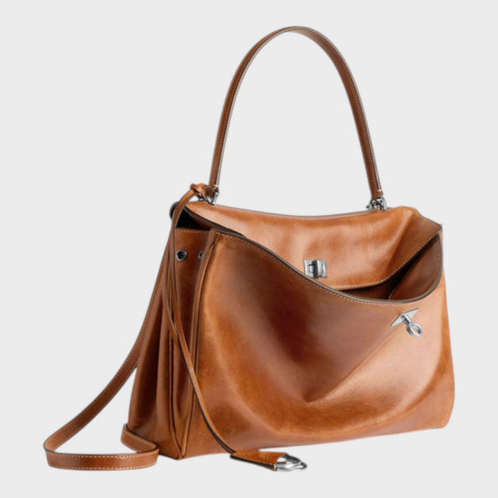 Curved Leather Handbag with Adjustable Shoulder Strap