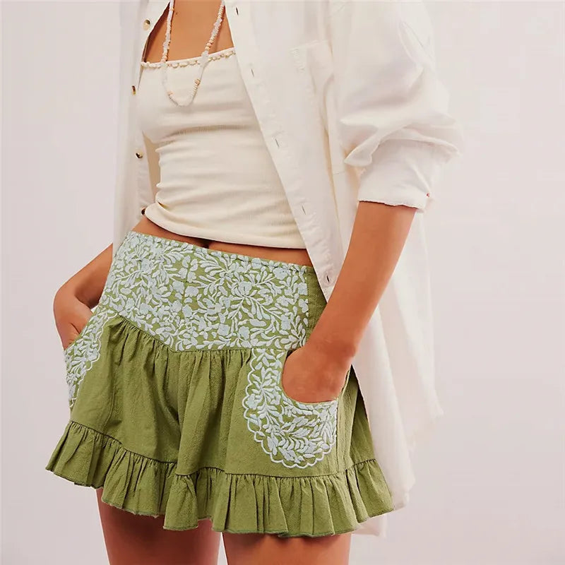 Clara & Sophia | Embroidered Ruffle Pocket Cotton Shorts