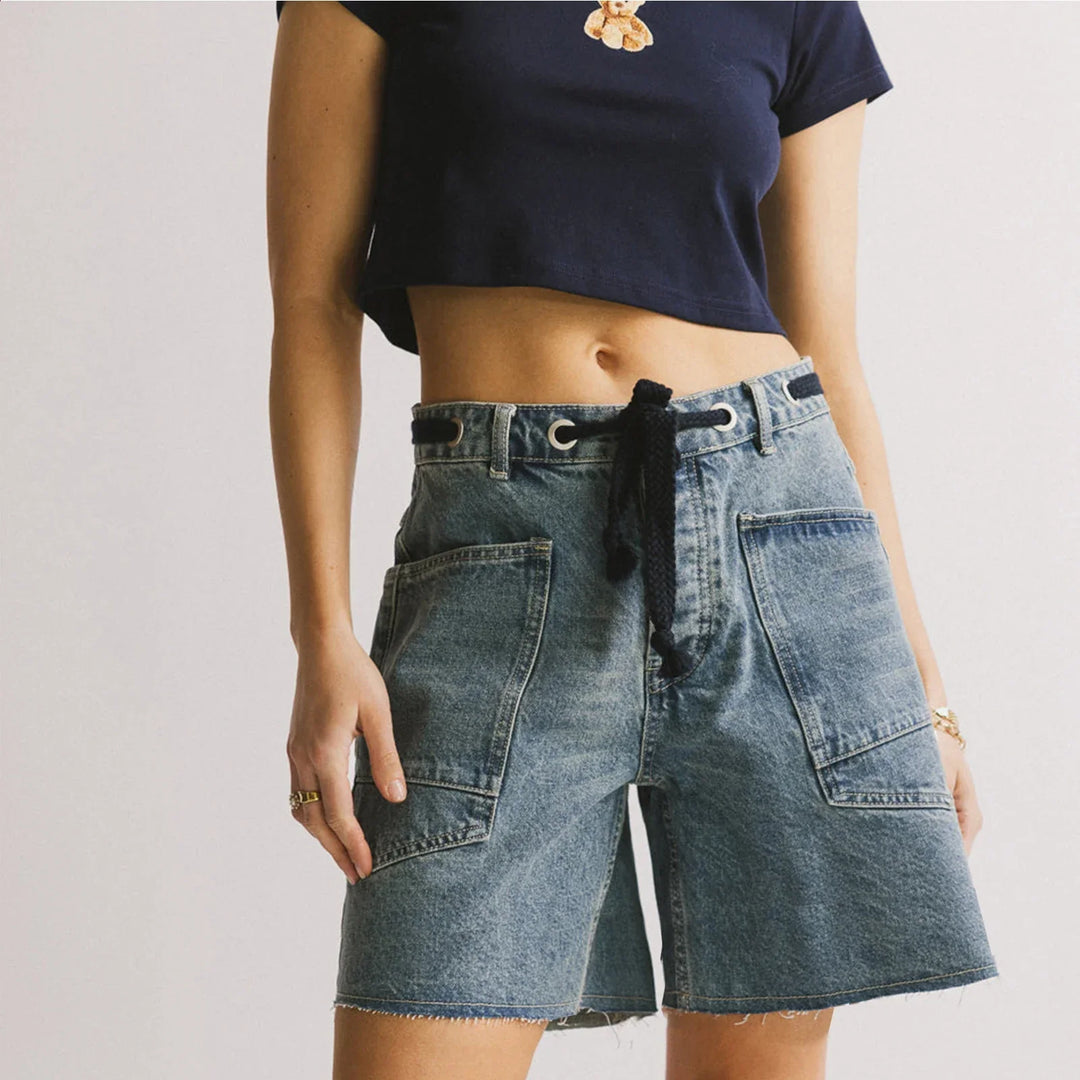Morgan & Brooke | Light Blue High-Waist Frayed Hem Cotton Denim Shorts