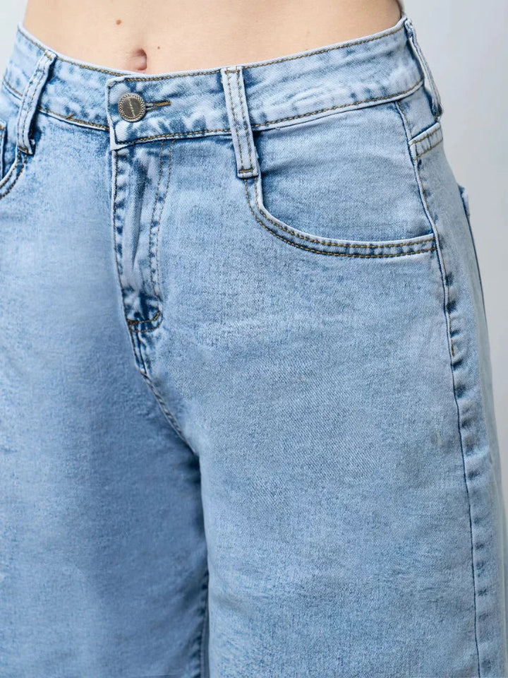 Clara & Sophia | Blue High-Waist Frayed Hem Cotton Denim Shorts