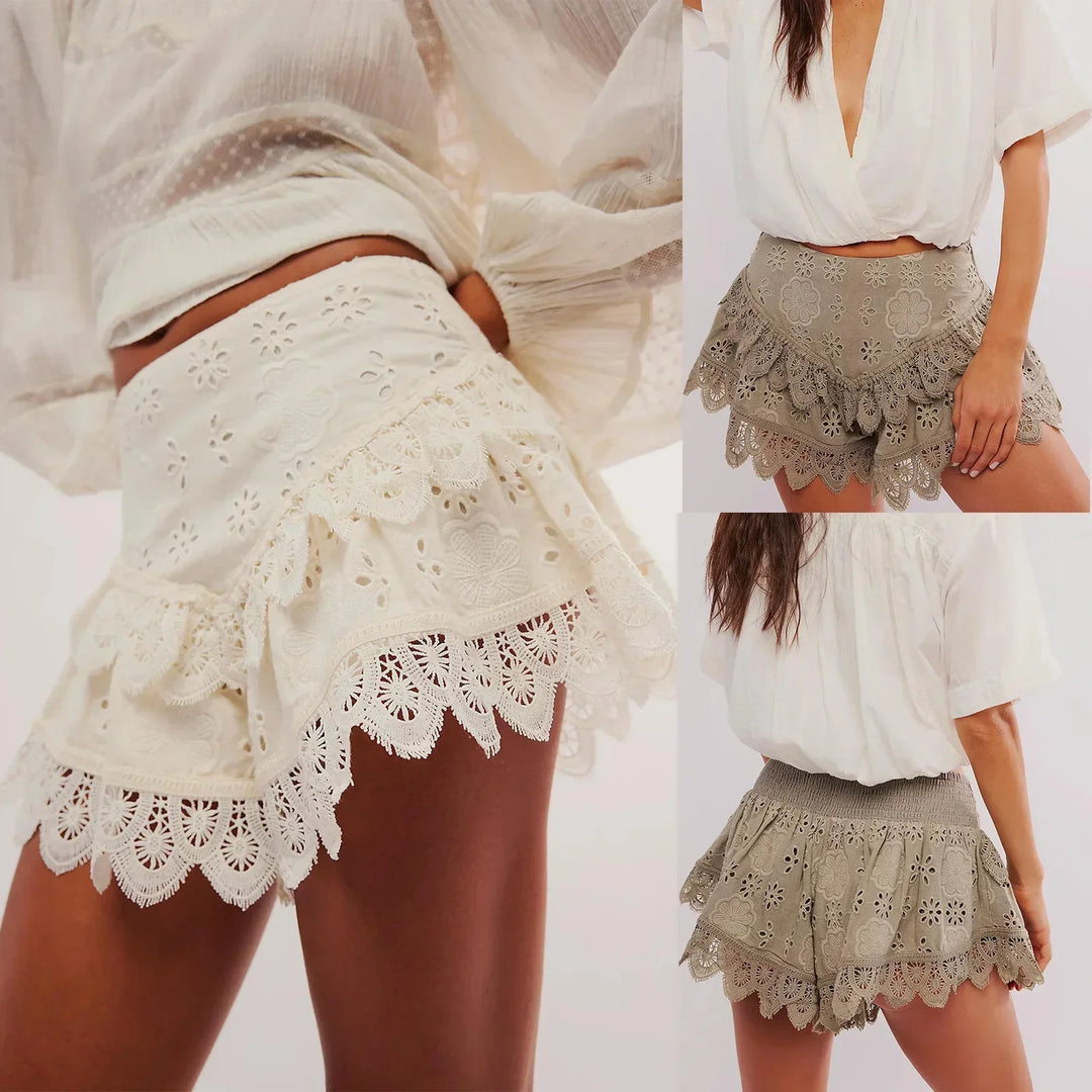 Clara & Sophia | Ivory High-Waist Scalloped-Hem Lace Shorts