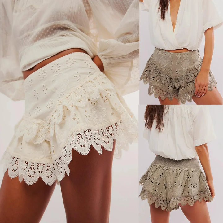 Clara & Sophia | Ivory High-Waist Scalloped-Hem Lace Shorts