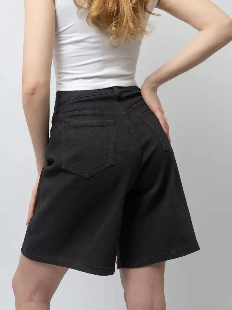 Clara & Sophia | Blue High-Waist Frayed Hem Cotton Denim Shorts
