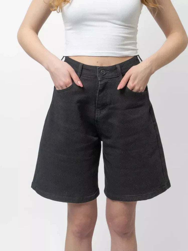Clara & Sophia | Blue High-Waist Frayed Hem Cotton Denim Shorts
