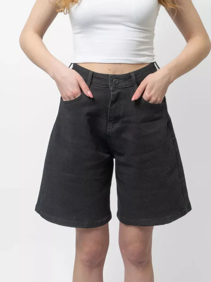 Clara & Sophia | Blue High-Waist Frayed Hem Cotton Denim Shorts