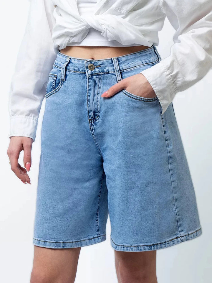 Clara & Sophia | Blue High-Waist Frayed Hem Cotton Denim Shorts