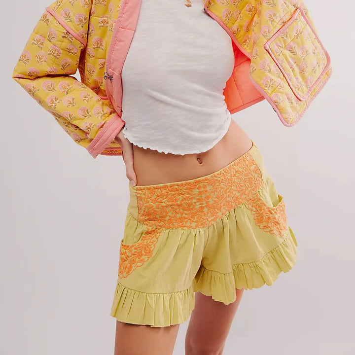 Clara & Sophia | Embroidered Ruffle Pocket Cotton Shorts
