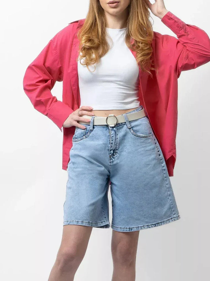 Clara & Sophia | Blue High-Waist Frayed Hem Cotton Denim Shorts