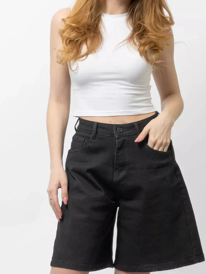 Clara & Sophia | Blue High-Waist Frayed Hem Cotton Denim Shorts