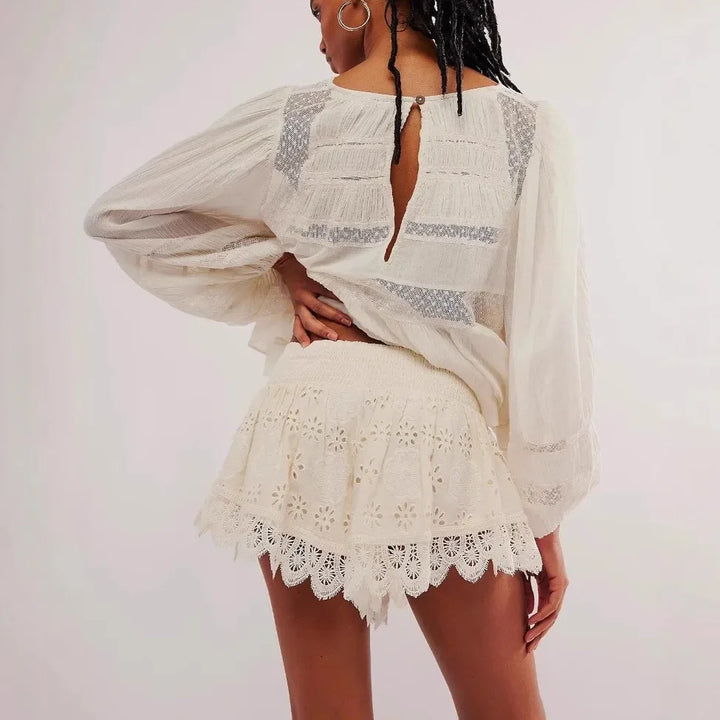Clara & Sophia | Ivory High-Waist Scalloped-Hem Lace Shorts