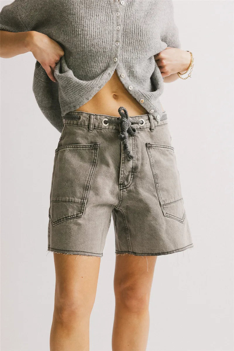 Morgan & Brooke | Light Blue High-Waist Frayed Hem Cotton Denim Shorts