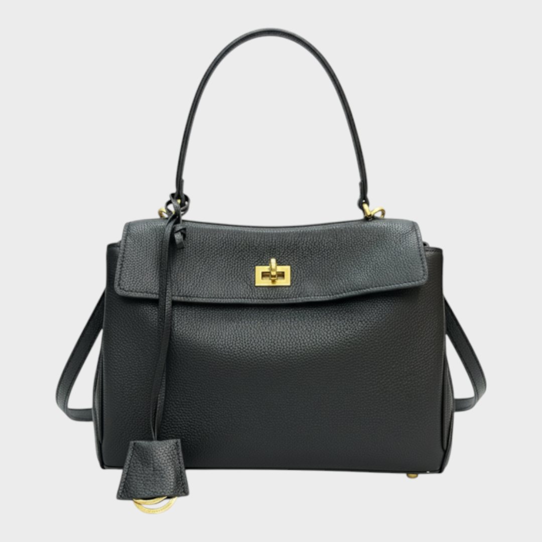 Curved Leather Handbag with Adjustable Shoulder Strap