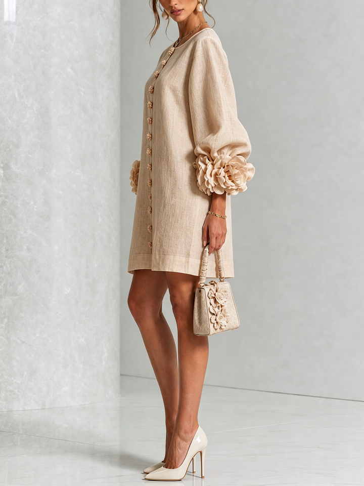 Lilith – Beige Linen Blend Mini Dress with Rose Cuffs
