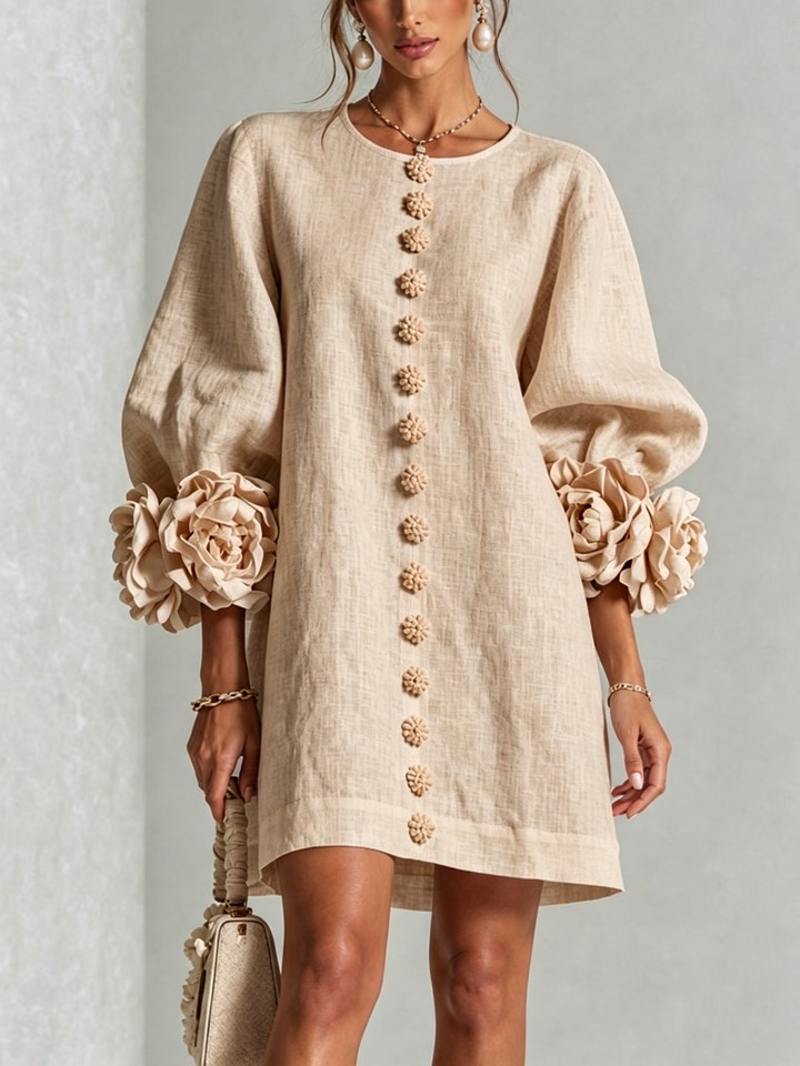 Lilith – Beige Linen Blend Mini Dress with Rose Cuffs