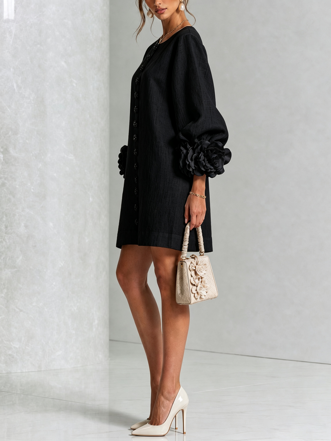 Amber – Black Linen Blend Mini Dress with Rose Cuffs