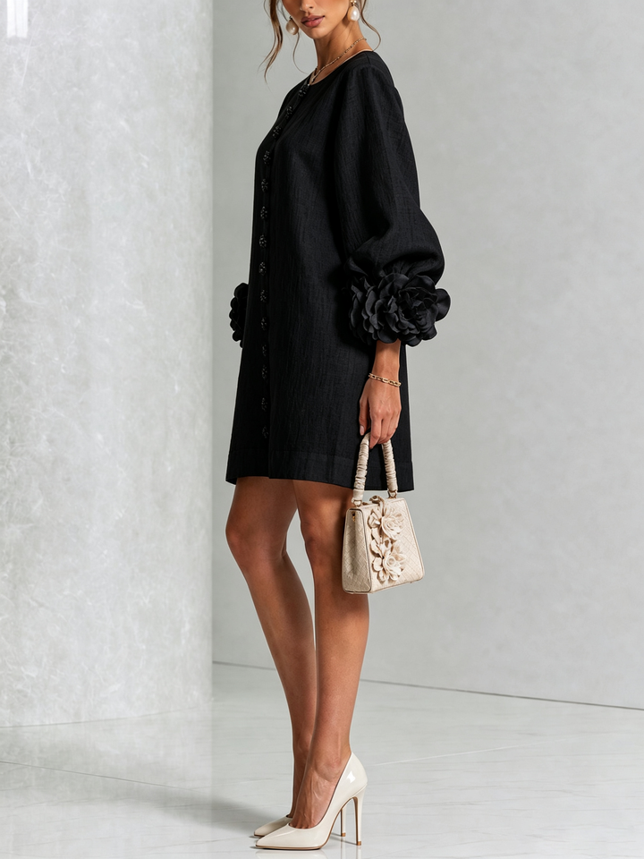Amber – Black Linen Blend Mini Dress with Rose Cuffs