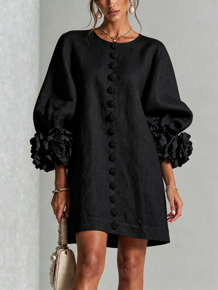 Amber – Black Linen Blend Mini Dress with Rose Cuffs