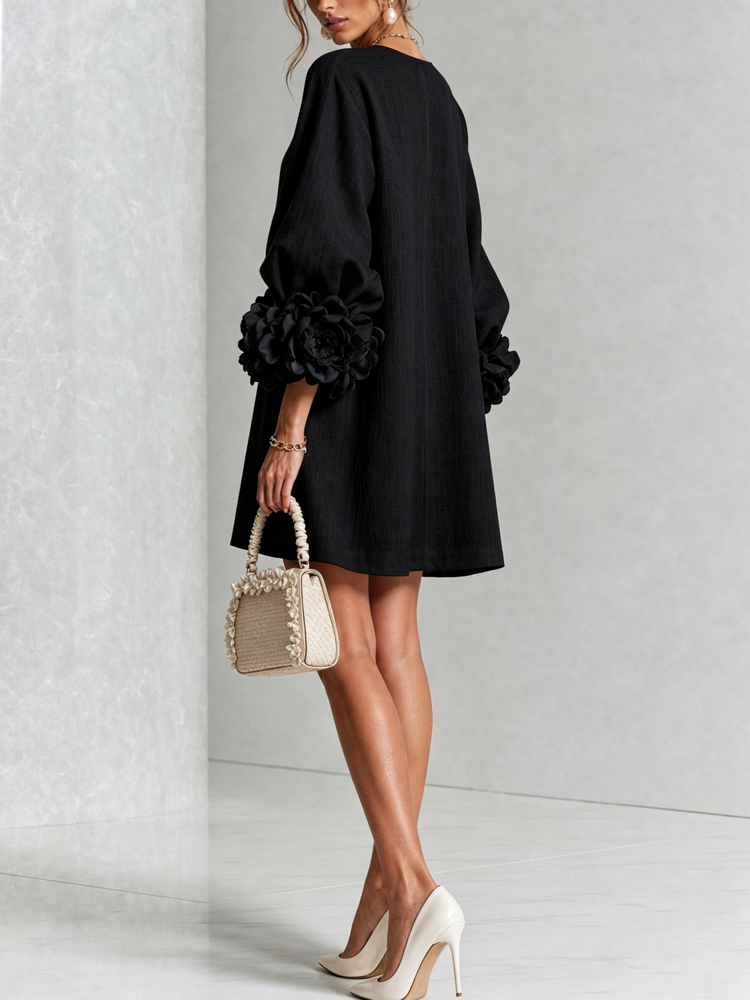 Amber – Black Linen Blend Mini Dress with Rose Cuffs