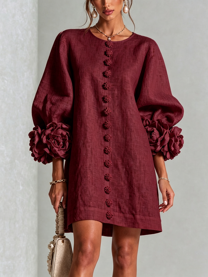 Alaina – Burgundy Linen Blend Mini Dress with Rose Cuffs