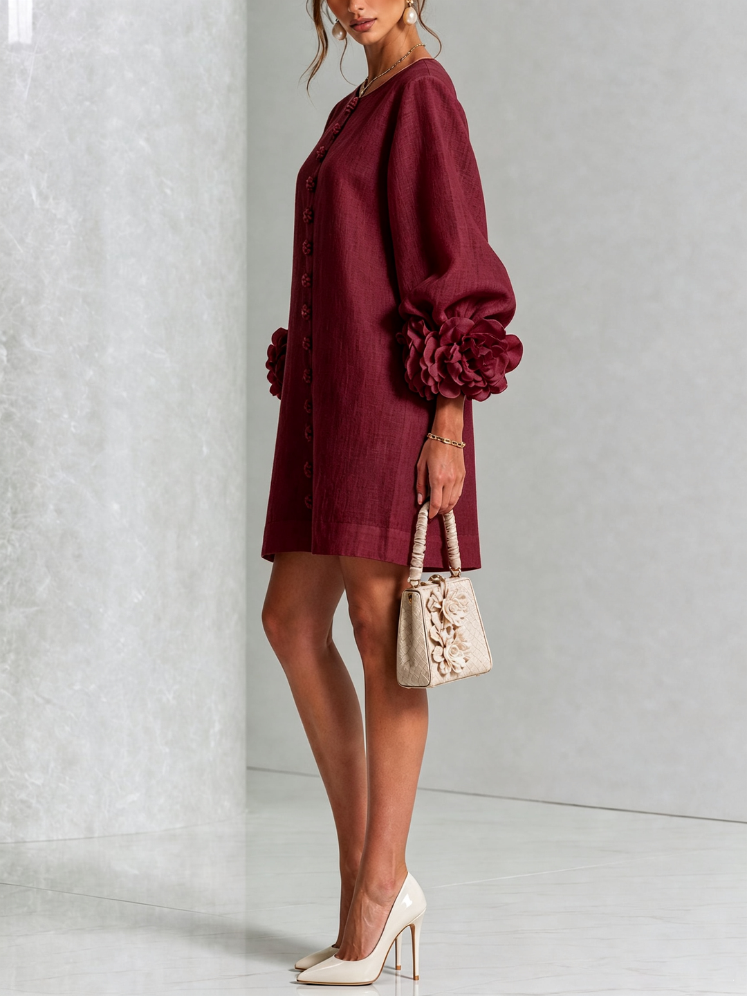 Alaina – Burgundy Linen Blend Mini Dress with Rose Cuffs