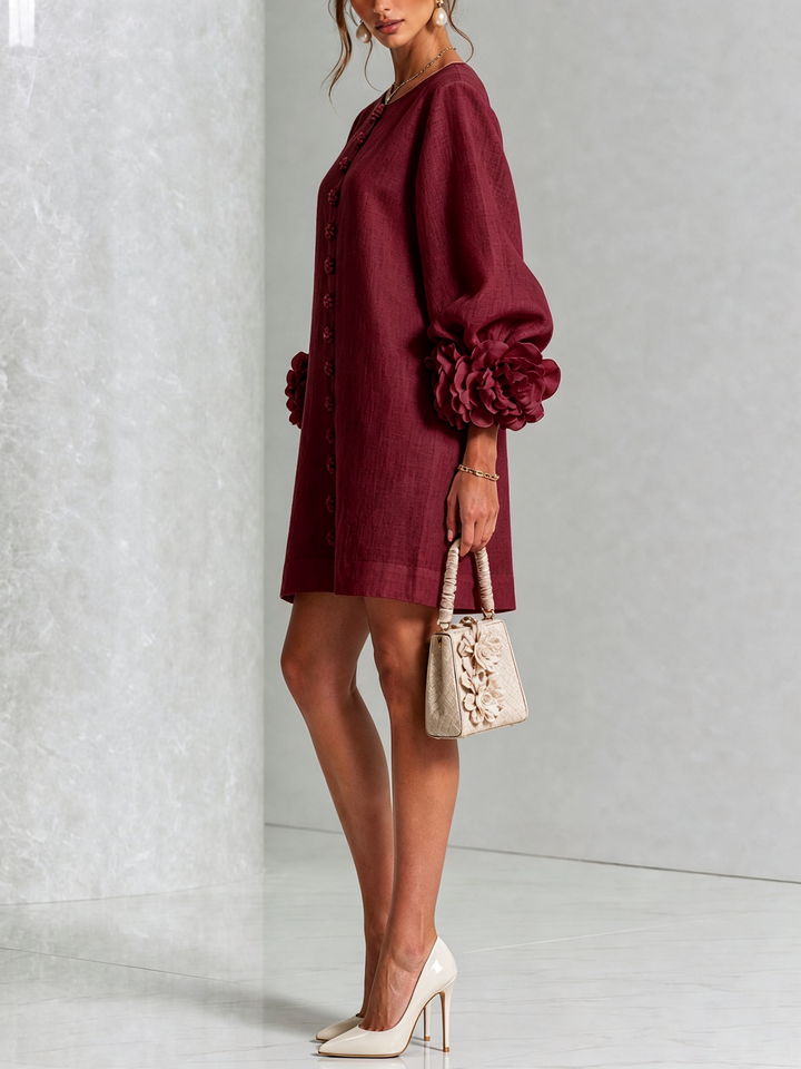 Alaina – Burgundy Linen Blend Mini Dress with Rose Cuffs