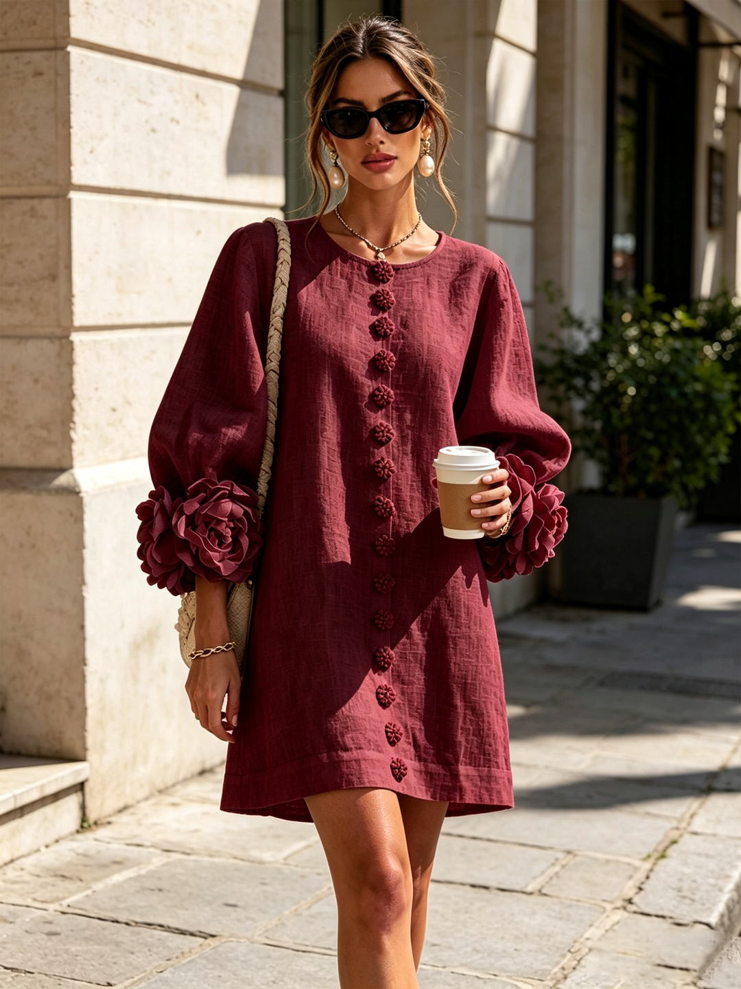 Alaina – Burgundy Linen Blend Mini Dress with Rose Cuffs