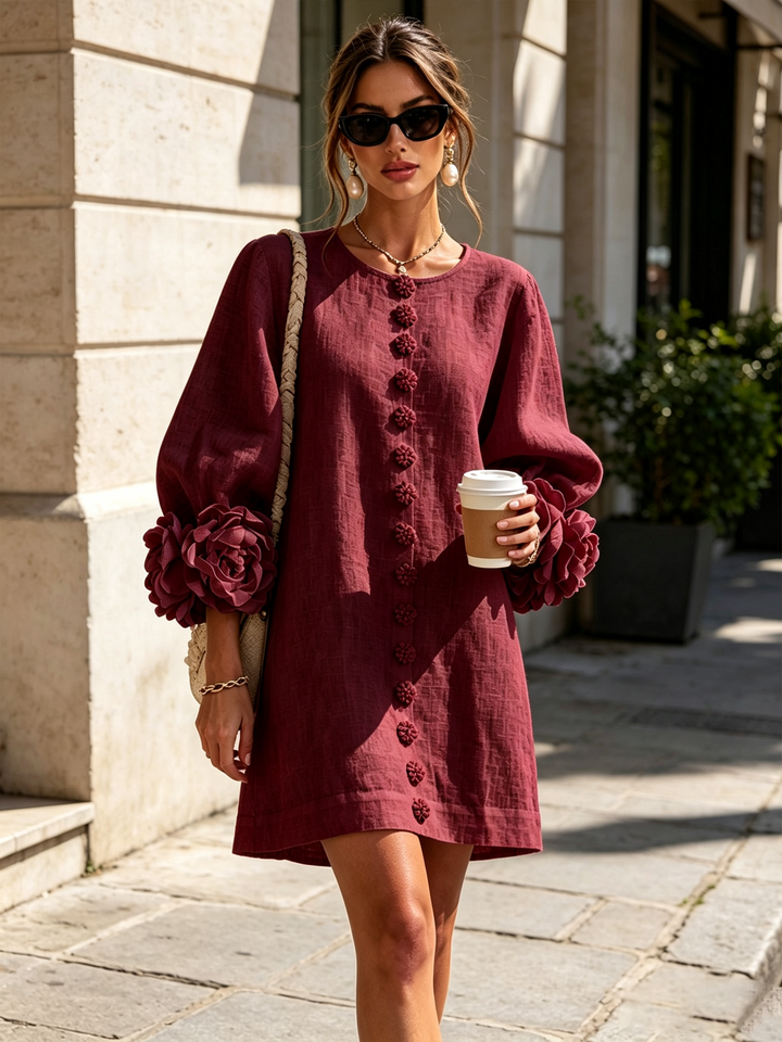 Alaina – Burgundy Linen Blend Mini Dress with Rose Cuffs