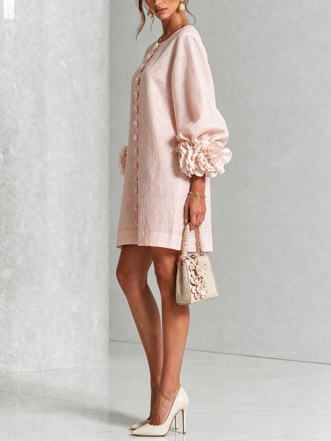 Aspenley – Pink Linen Blend Mini Dress with Rose Cuffs