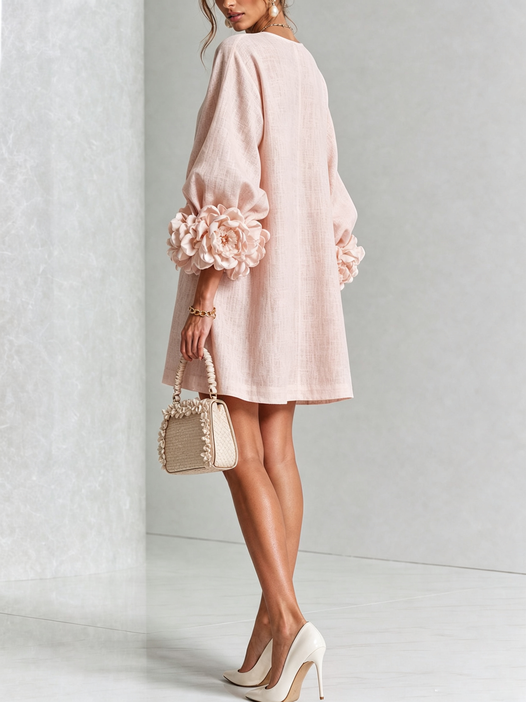 Aspenley – Pink Linen Blend Mini Dress with Rose Cuffs
