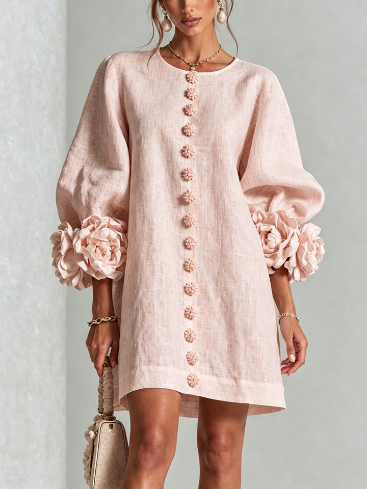 Aspenley – Pink Linen Blend Mini Dress with Rose Cuffs
