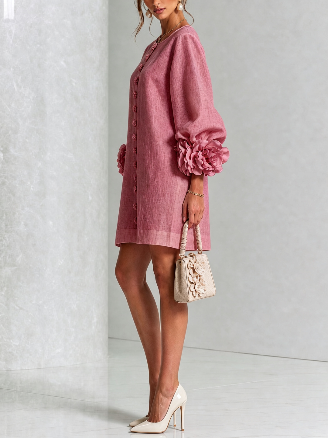 Genevieve – Dusty Rose Linen Blend Mini Dress with Rose Cuffs