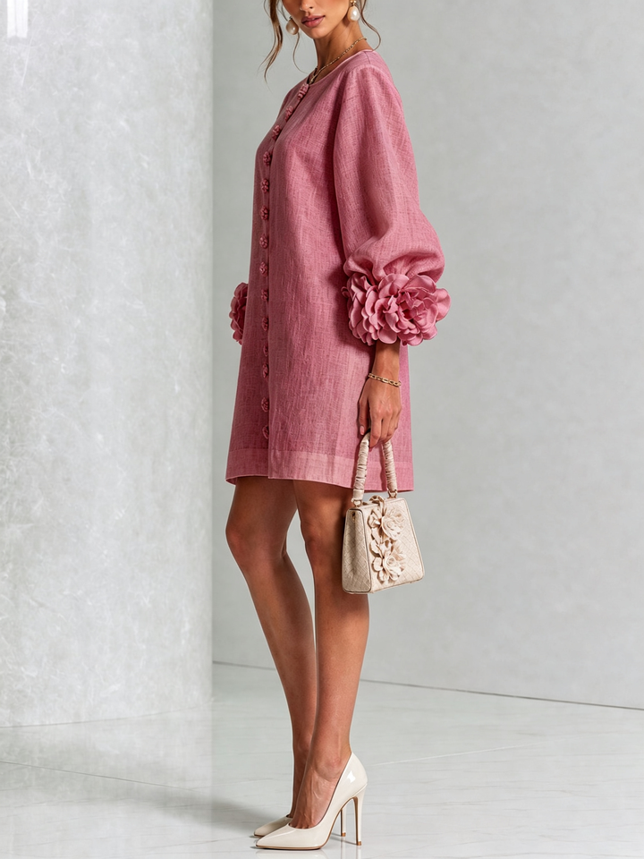 Genevieve – Dusty Rose Linen Blend Mini Dress with Rose Cuffs