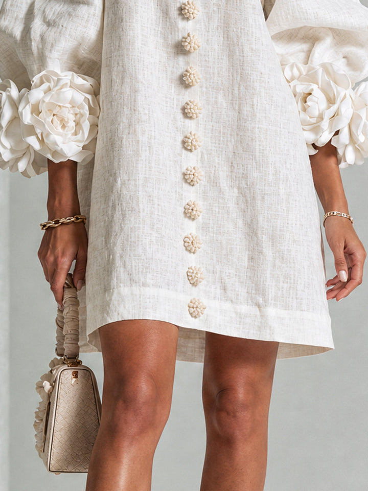 Kailey – White Linen Blend Mini Dress with Rose Cuffs