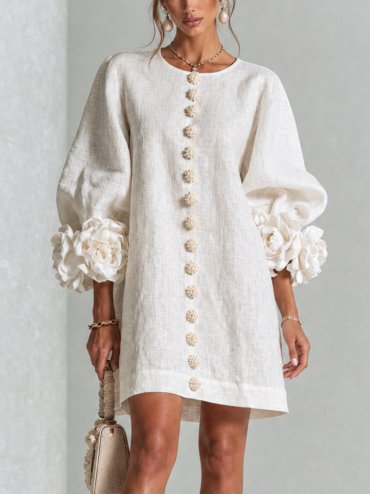 Kailey – White Linen Blend Mini Dress with Rose Cuffs