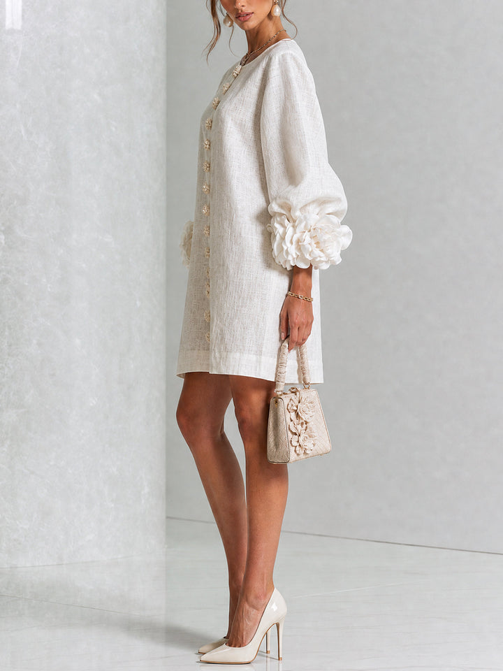 Kailey – White Linen Blend Mini Dress with Rose Cuffs