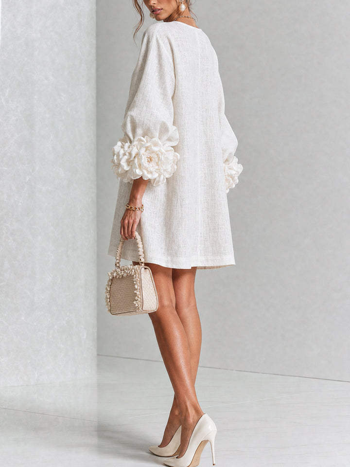 Kailey – White Linen Blend Mini Dress with Rose Cuffs