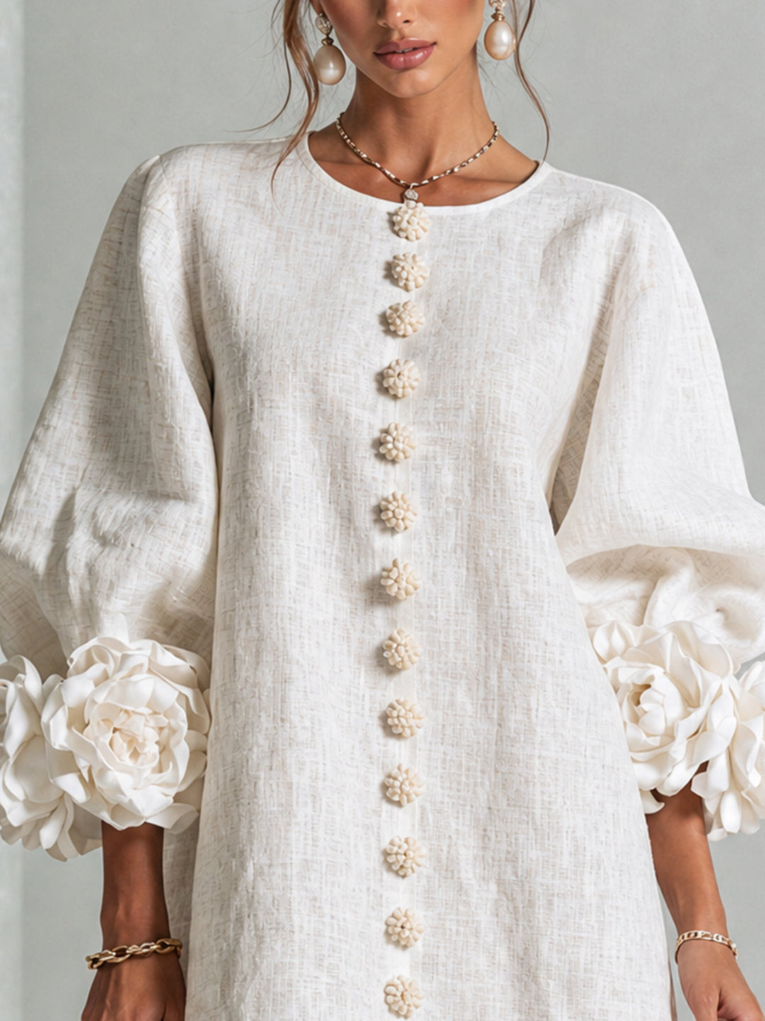 Kailey – White Linen Blend Mini Dress with Rose Cuffs