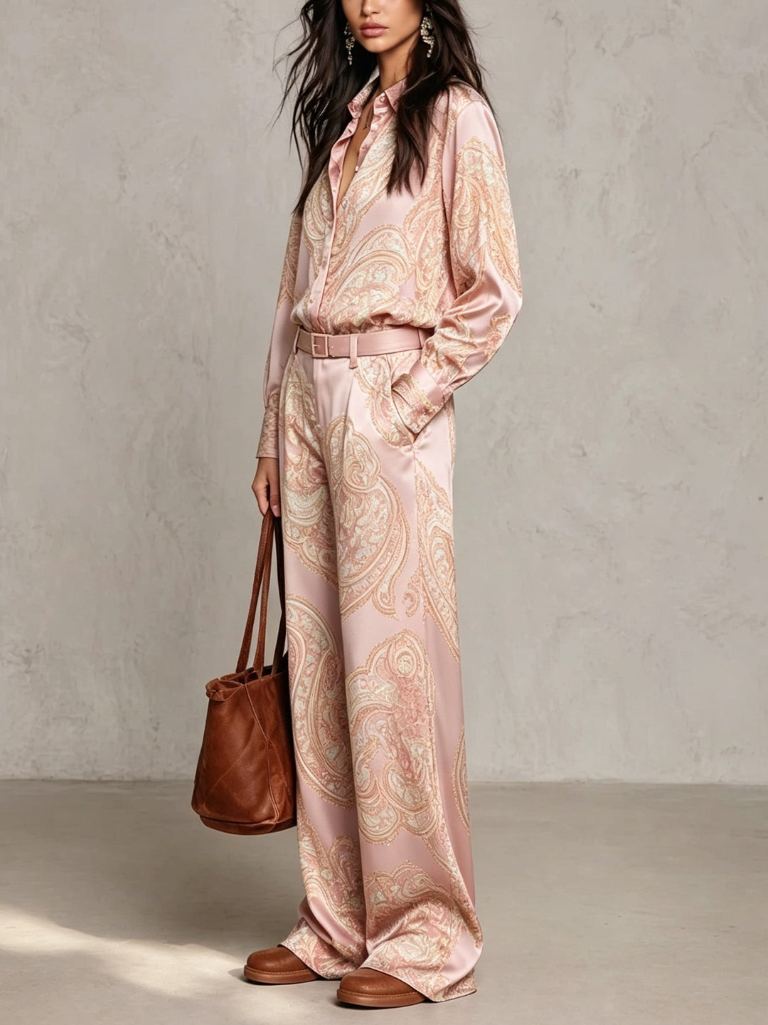 Pink Paisley Print Satin Long-sleeve Shirt And Wide-leg Trousers Set (with belt)