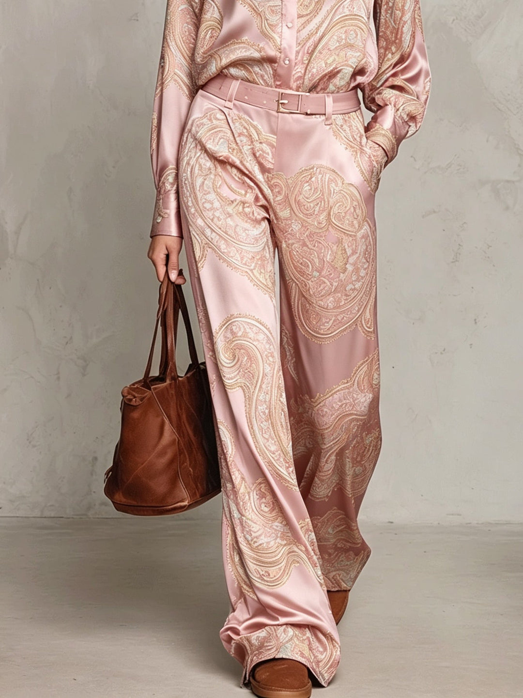 Pink Paisley Print Satin Long-sleeve Shirt And Wide-leg Trousers Set (with belt)